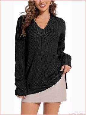 V-Neck Oversized Sweater Off Shoulder Loose Knit Jumper Pullover
